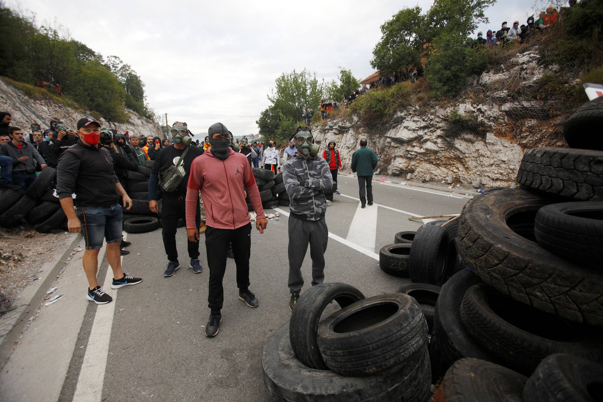 Demonstrators at a barricade during a protest against the enthronement of Bishop Joanikije in Cetinje