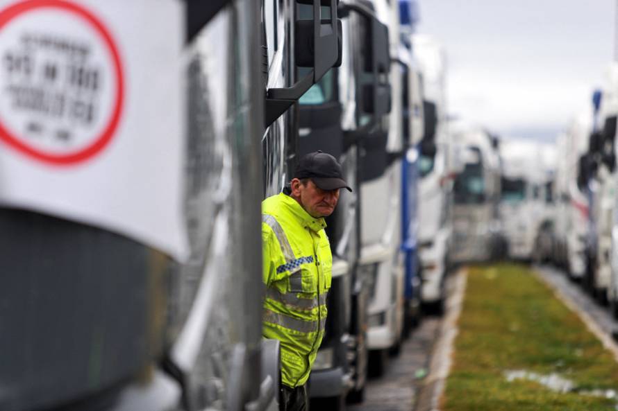 Protest by truck drivers and transport union representatives over disruptions linked to the European Union's new Entry-Exit System, in Gevgelija