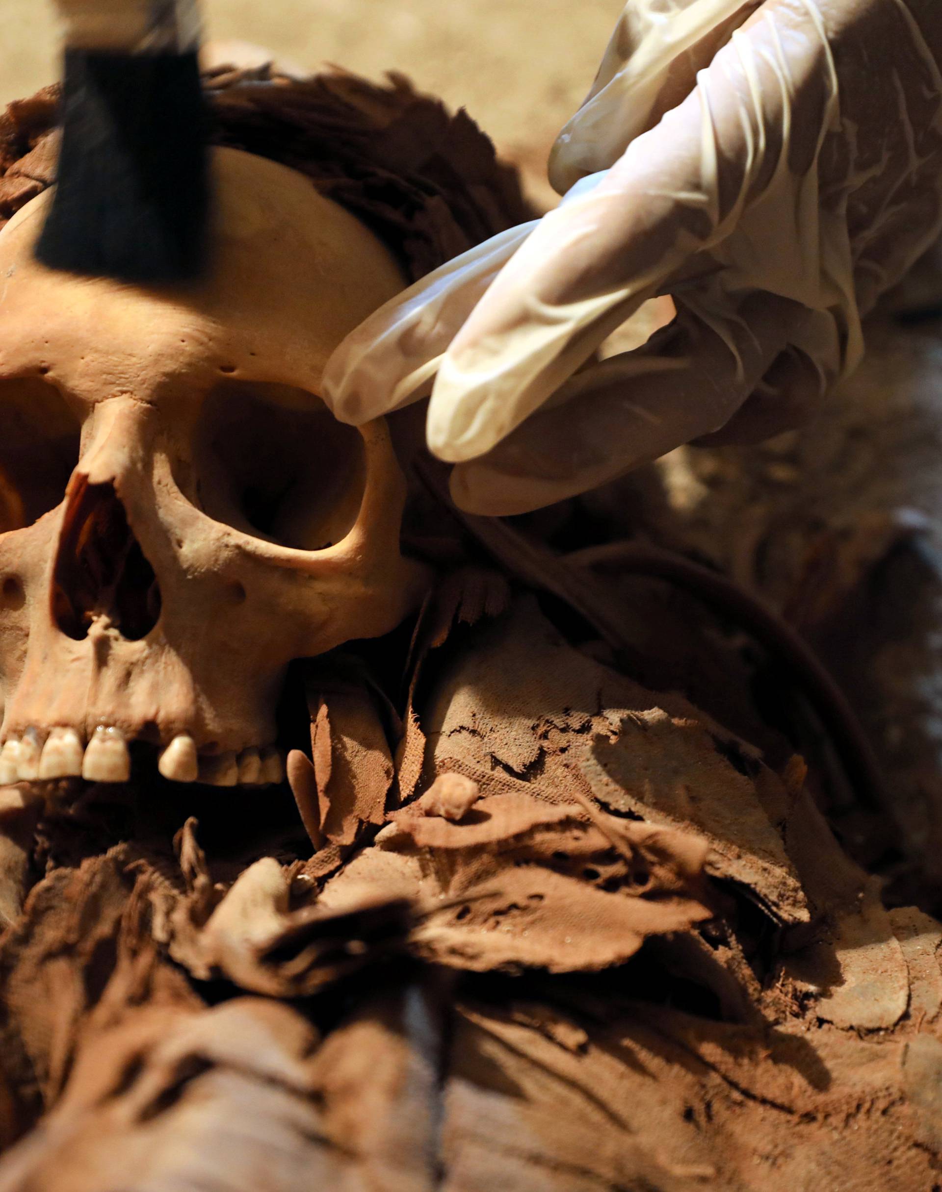 Egyptian antiquities worker brushes a skull in a recently discovered tomb of Amenemhat, a goldsmith from the New Kingdom at the Draa Abu-el Naga necropolis near the Nile city of Luxor, south of Cairo