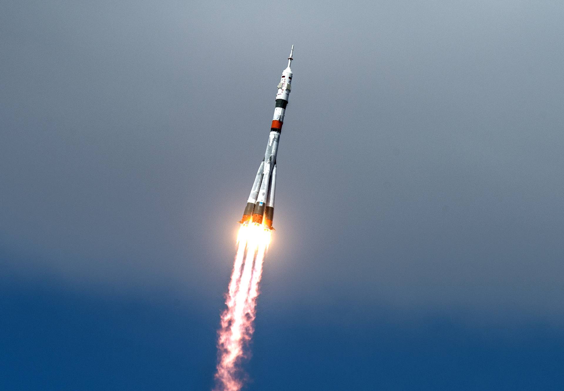 Soyuz MS-16 spacecraft carrying ISS crew blasts off from the launchpad at the Baikonur Cosmodrome