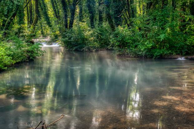 Turquoise color of water in the summer on the river Janj