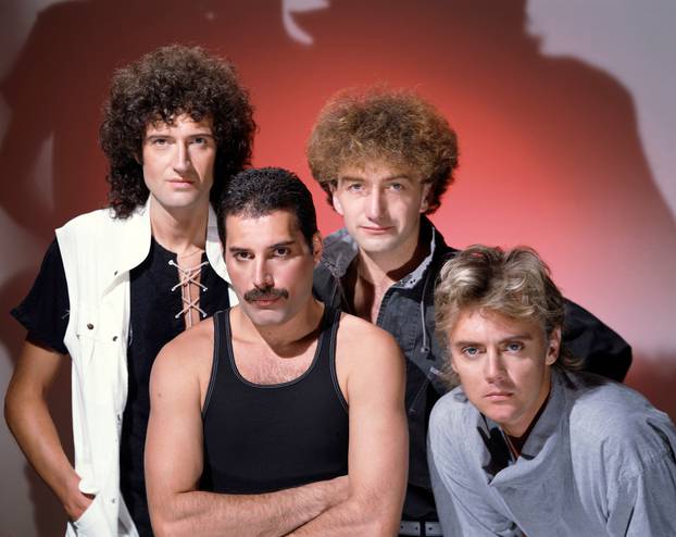 Members Brian May, Roger Taylor, Freddie Mercury and John Deacon of band Queen pose