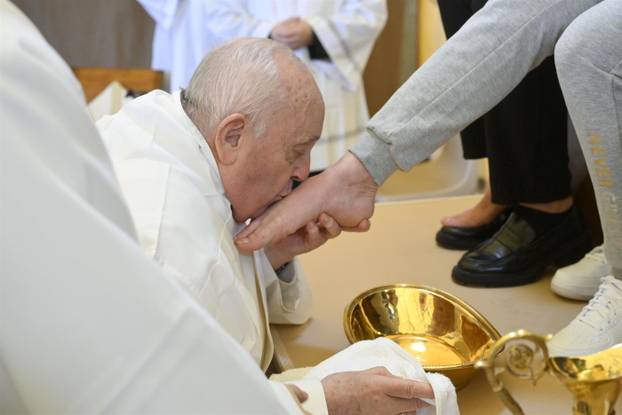 Pope Francis during the celebration of the Last Supper Mass with inmates at the Rebibbia Women's Prison, on Holy Thursday, in Rome.