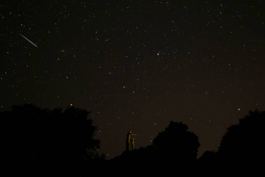 A meteor streaks past stars in the night sky during the annual Perseid meteor shower at a nature park and biosphere reserve near Malaga