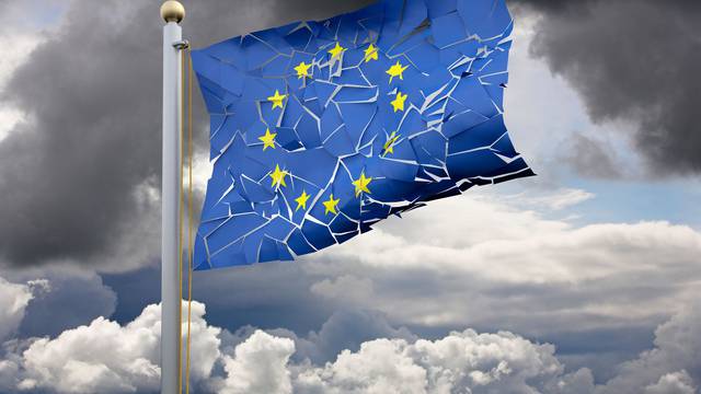 Cracking EU flag - concept representing euro default / debt / break up of the European Union