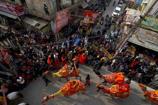 The arrival of the members of an akhara or sect of sadhus for the upcoming "Maha Kumbh Mela" in Prayagraj