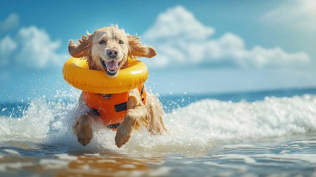 A golden retriever dog wearing an orange life jacket is running on the beach.