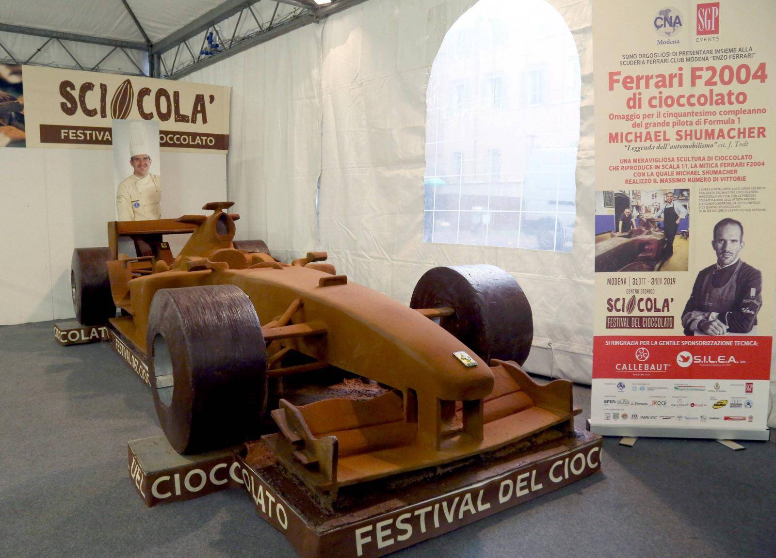 A chocolate reproduction of the Ferrari F2004, the most successful car driven by Michael Schumacher