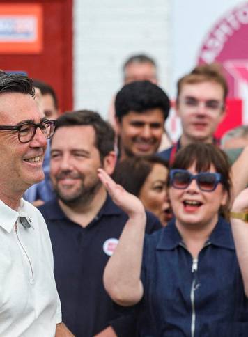 Greater Manchester Mayor Burnham addresses members and supporters of the Labour Party after winning the Makerfield by-election