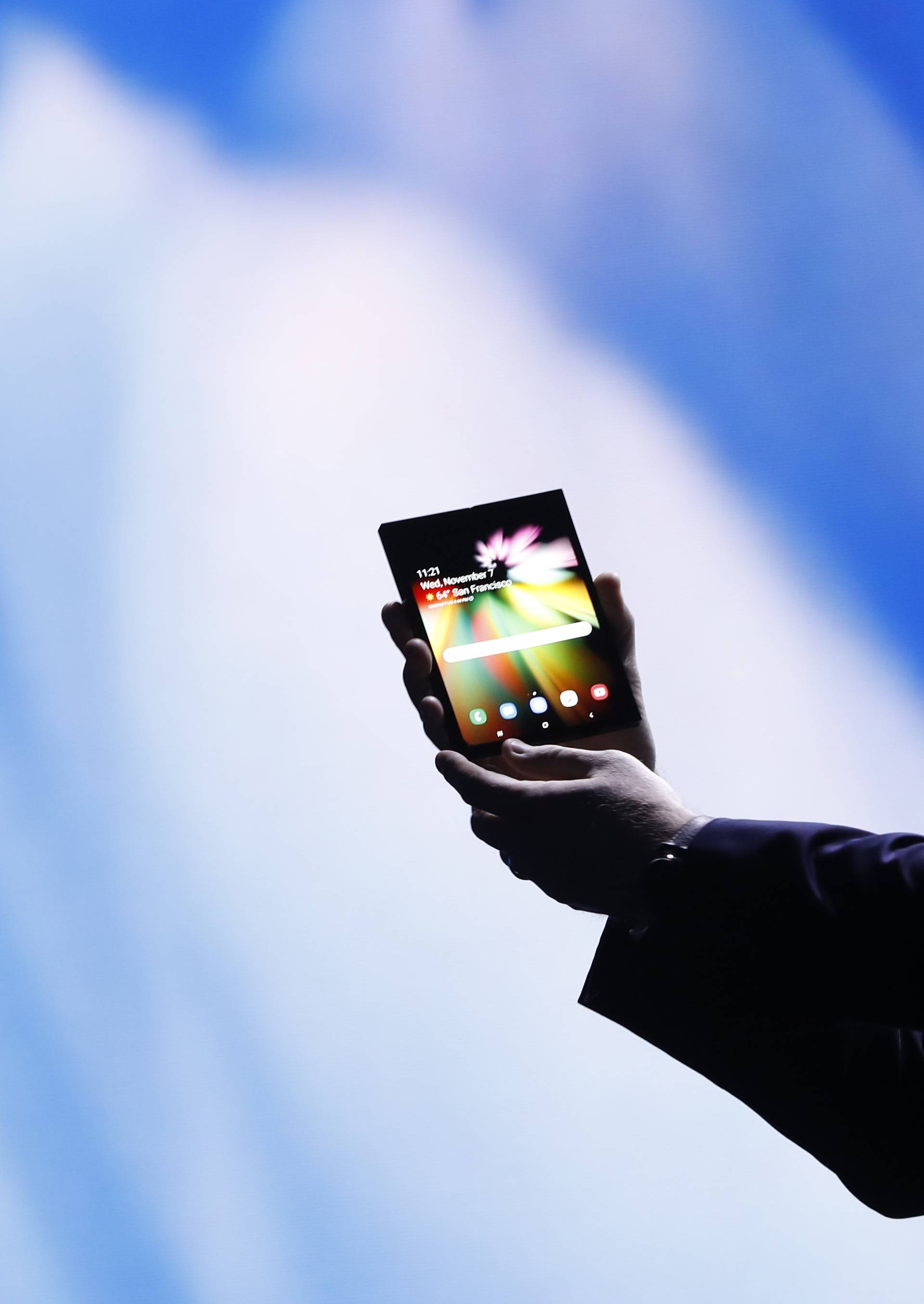 Justin Denison, Samsung Electronics senior vice president of Mobile Product Marketing, speaks during the unveiling of Samsung's new foldable screen smart phone, during the Samsung Developers Conference in San Francisco