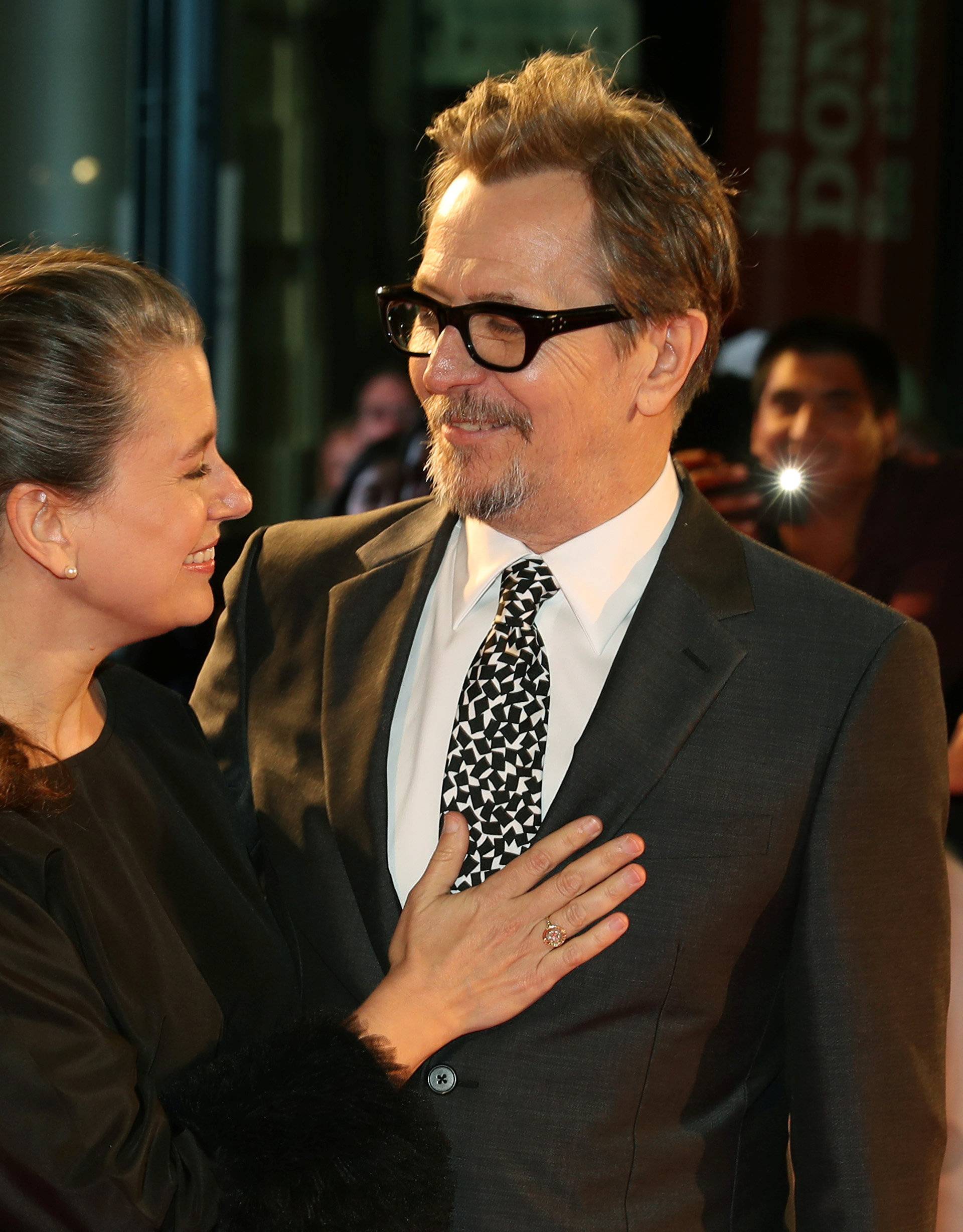Actor Gary Oldman and his wife Gisele Schmidt arrive at the premiere of the film "Darkest Hour" at Toronto International Film Festival.