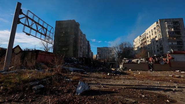 View shows residential buildings heavily damaged by permanent Russian military strikes in the front line town of Avdiivka