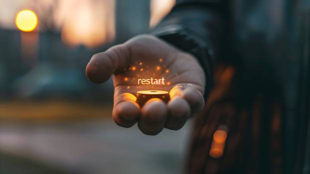 A hand holds a glowing button labeled restart symbolizing advances in genetic modifications