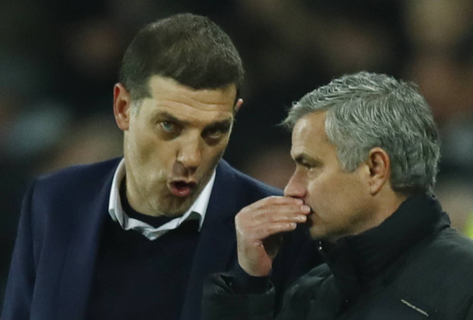 Manchester United manager Jose Mourinho and West Ham United manager Slaven Bilic speak