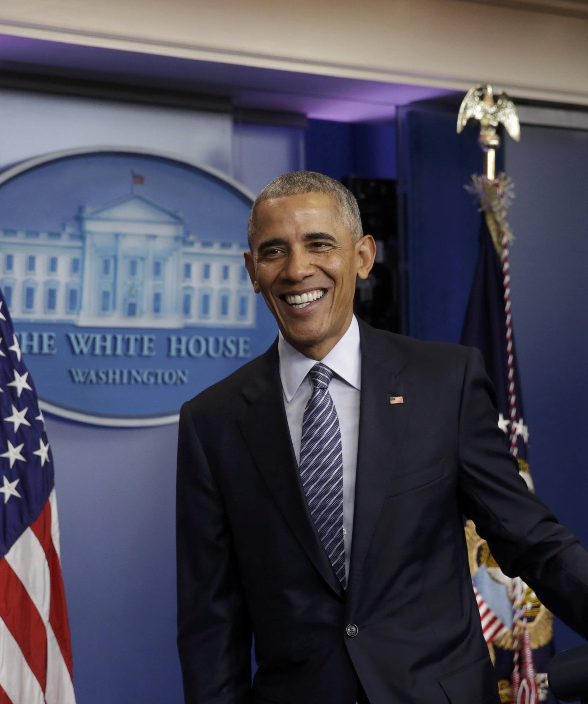 U.S.  President Obama departs following news conference at the White House in Washington
