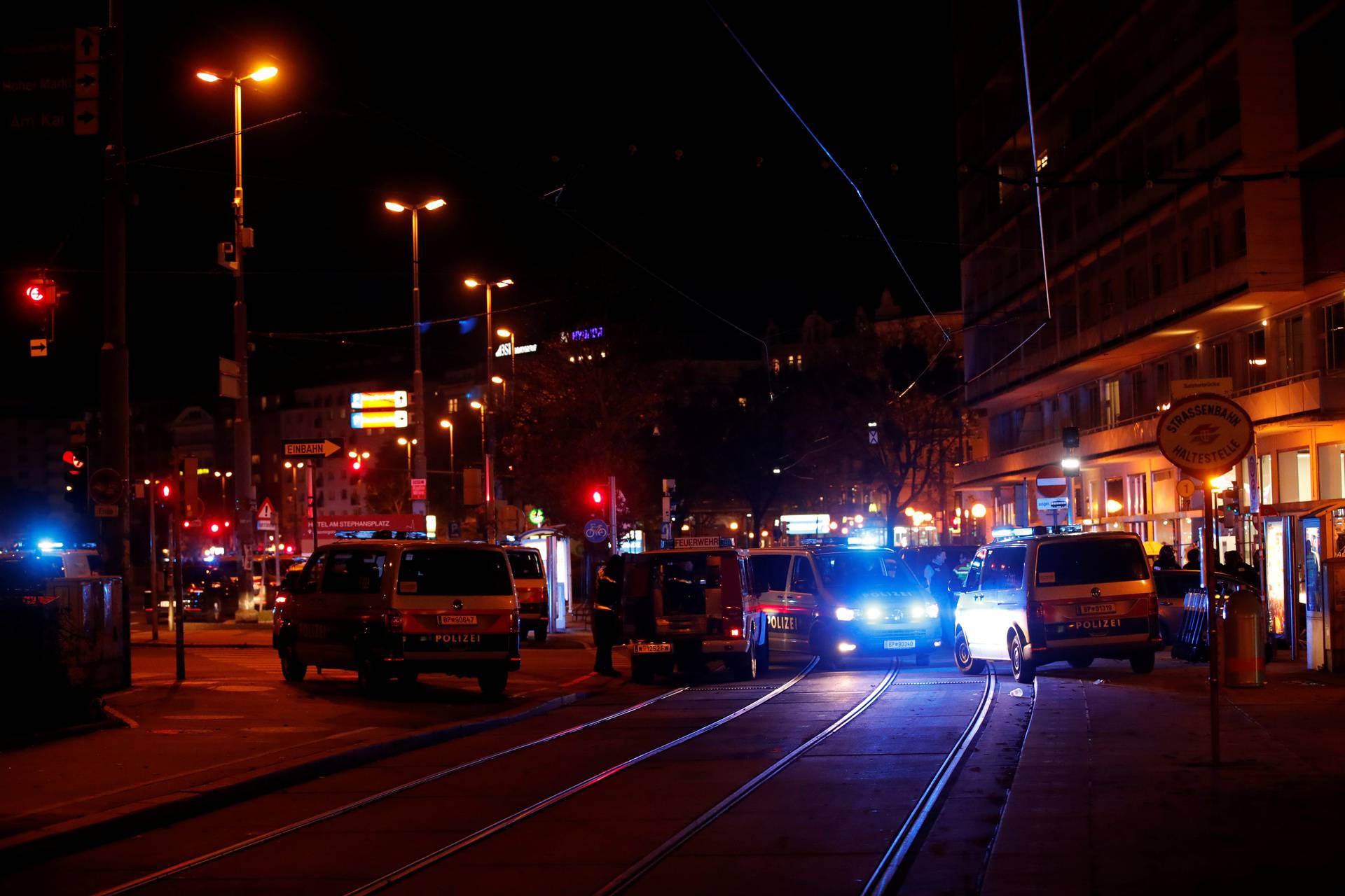 Police blocks a street near Schwedenplatz square after a shooting in Vienna