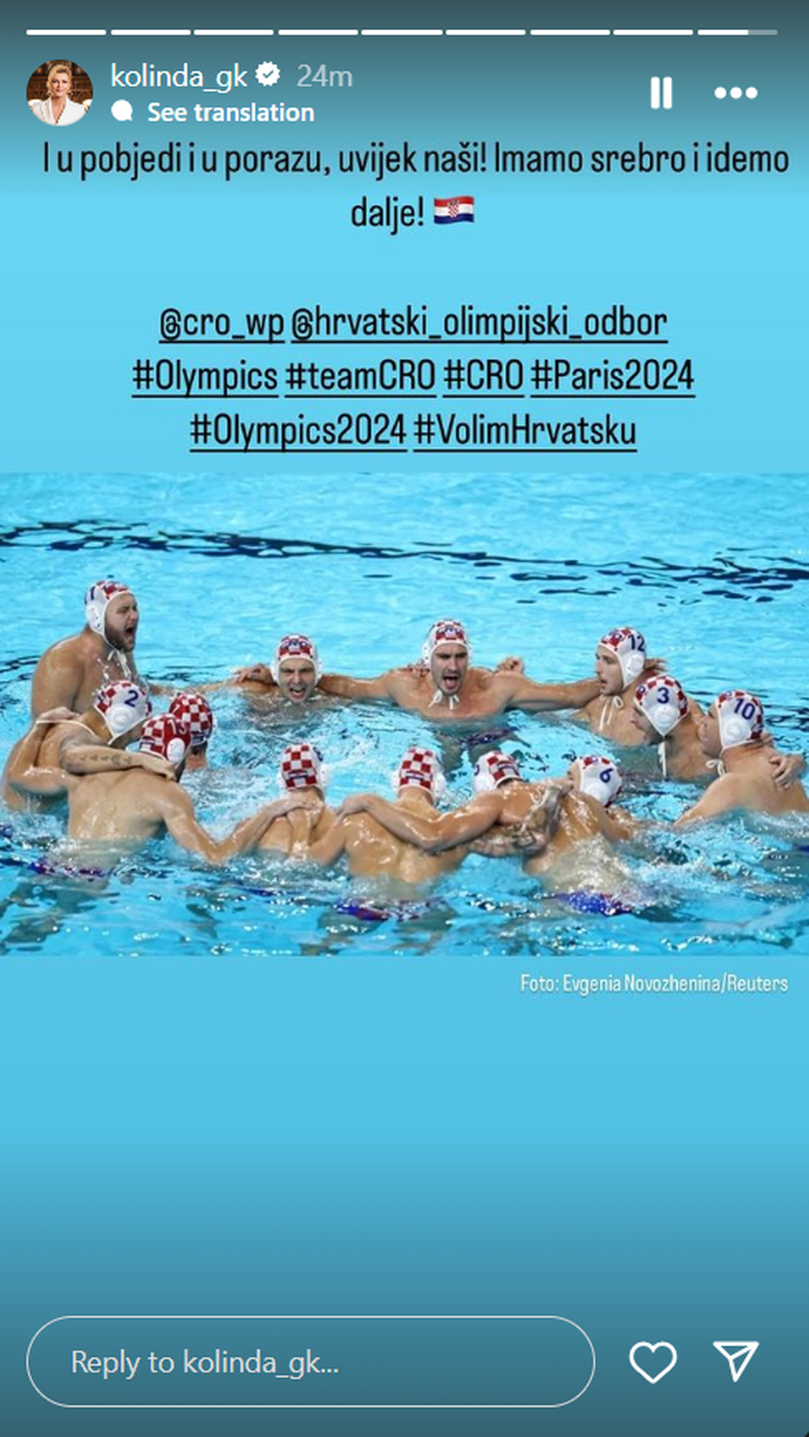 Kolinda Grabar-Kitarović pružila podršku 'barakudama' nakon poraza u finalu: 'Idemo dalje!'