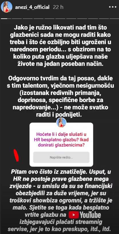 Anezi: 'Ružno je likovati. Puno ljudi može kopati krumpire, ali malo njih zapravo zna pjevati'