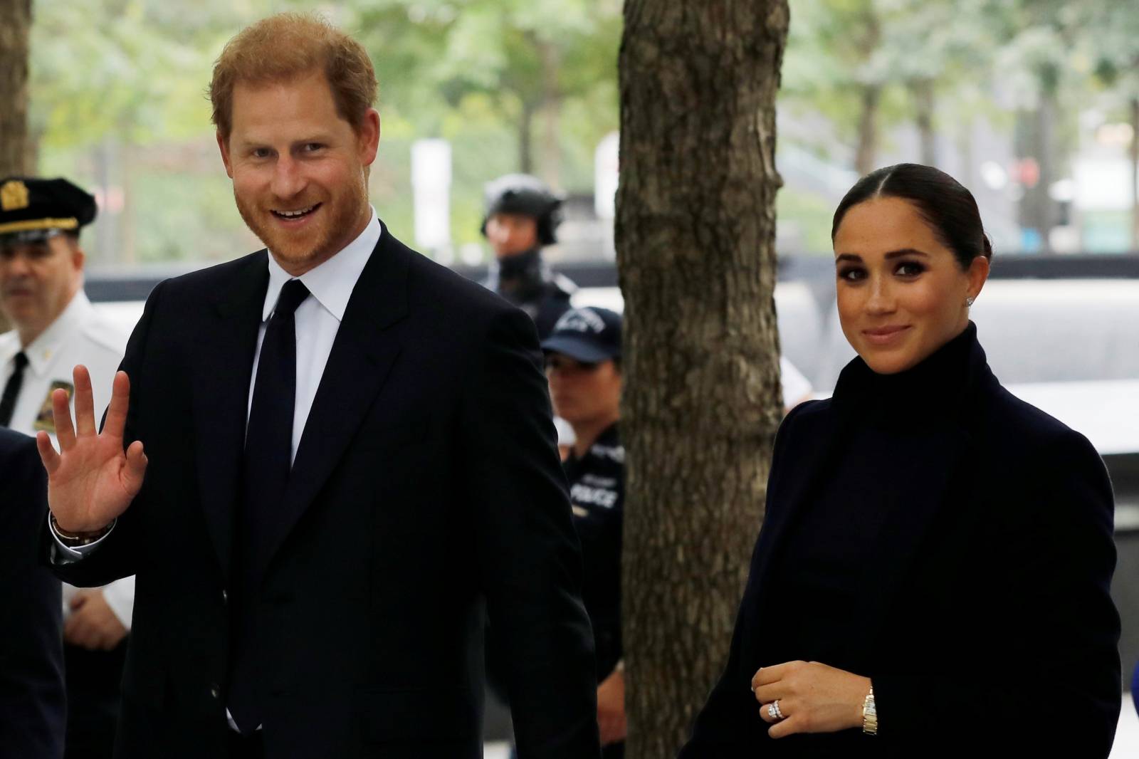 Britain's Prince Harry and Meghan, Duke and Duchess of Sussex, visit the 9/11 Memorial in Manhattan, New York City