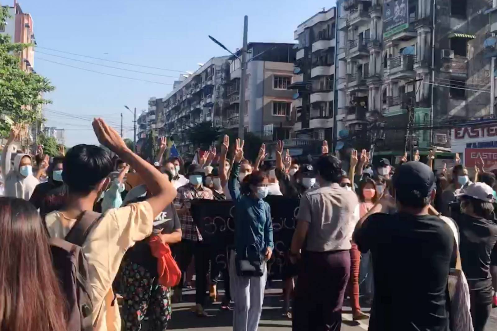 People protest in Hlaing Township, Yangon