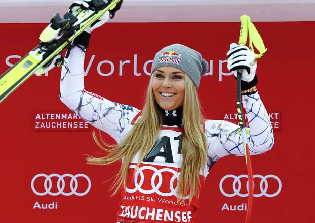 FILE PHOTO: Lindsey Vonn of the US after winning the women