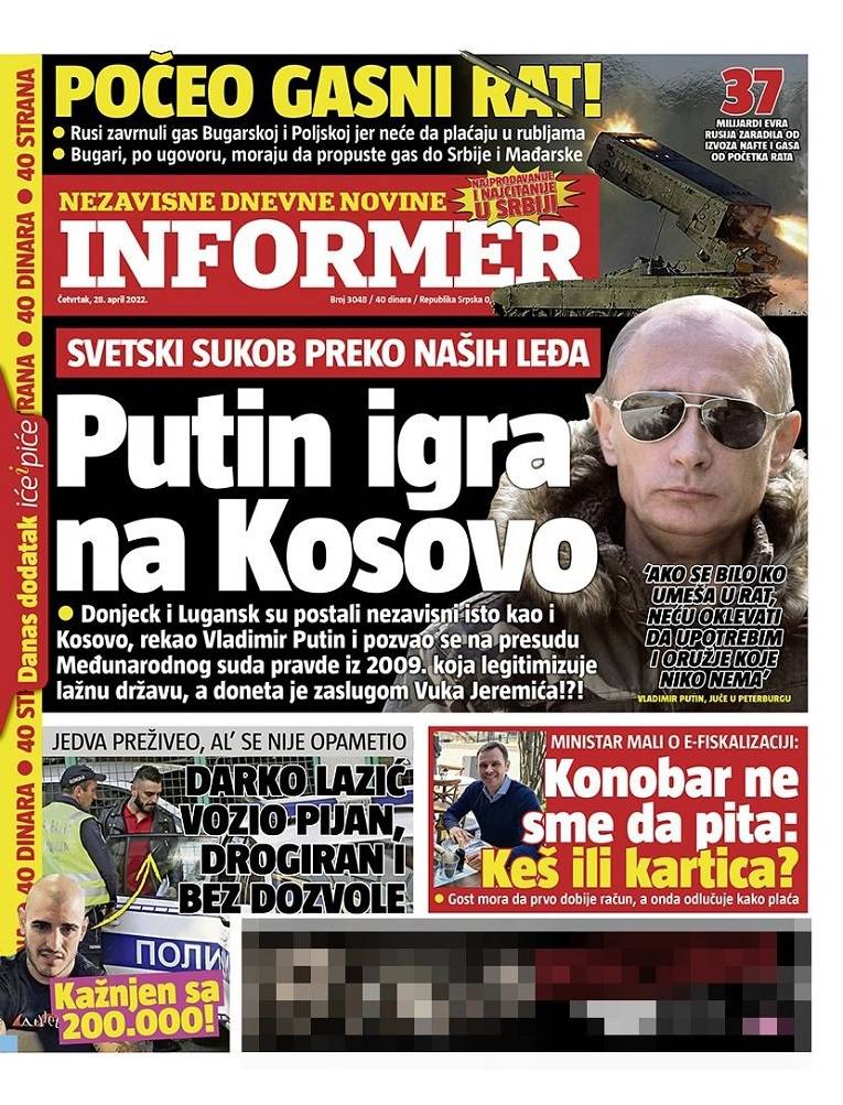 Vučićevi mediji žestoko napali Putina: 'Zabio je nož u leđa Srbiji, Putin igra na Kosovo'