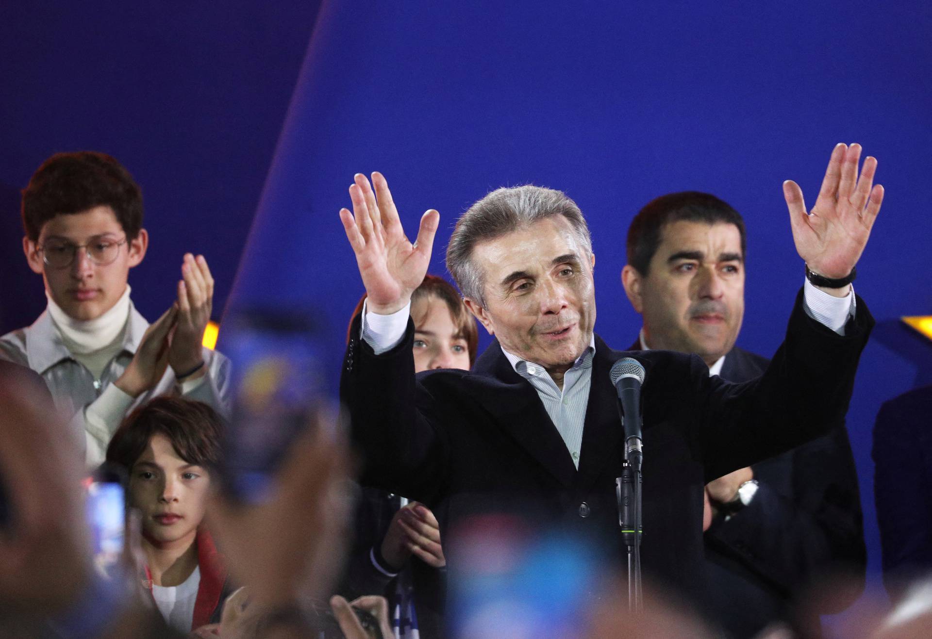 Founder of the Georgian Dream party Bidzina Ivanishvili speaks after the announcement of exit poll results in Tbilisi