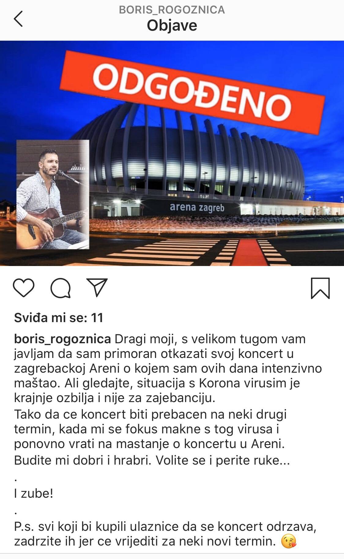 'Otkazao sam koncert u Areni o kojem sam ovih dana maštao'