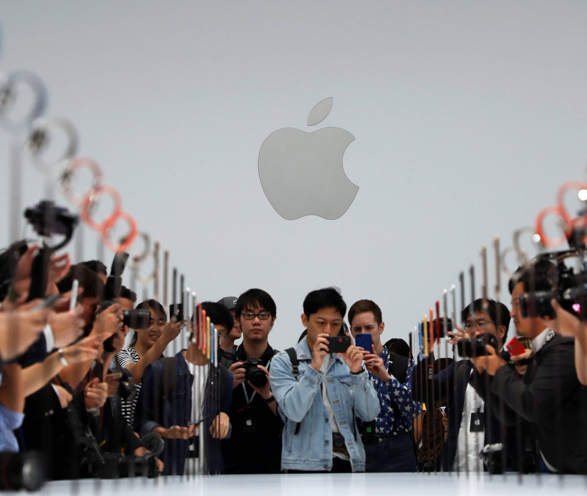 A demonstration of the newly released Apple products is seen following the product launch event in Cupertino