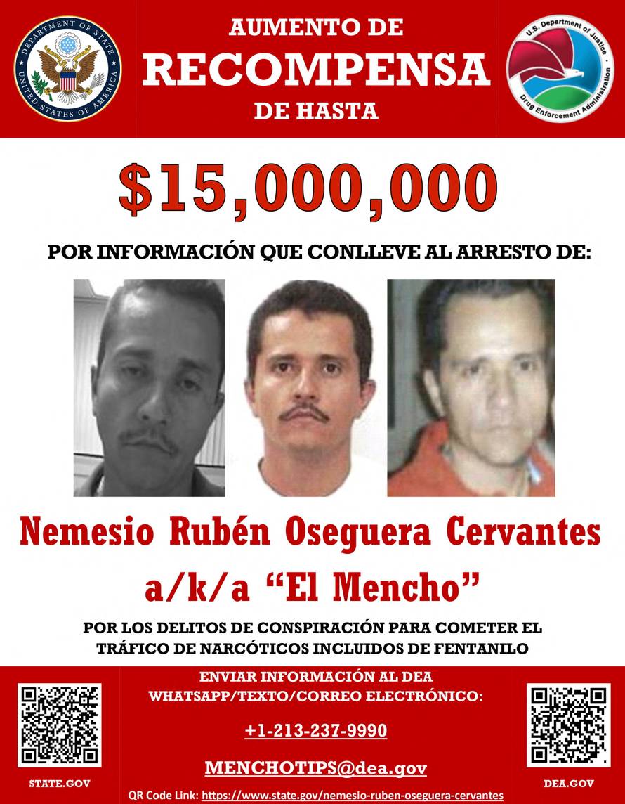 Mexican drug lord Nemesio Oseguera Cervantes, also known as El Mencho, appears in undated photographs on the U.S. Department of State website