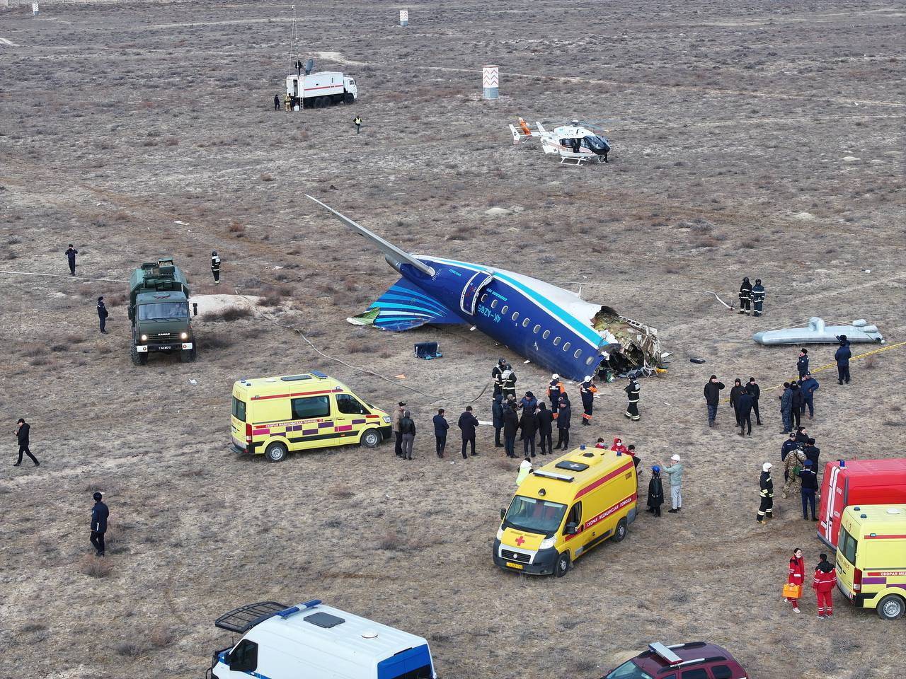 A drone view shows the crash site of a passenger plane near Aktau