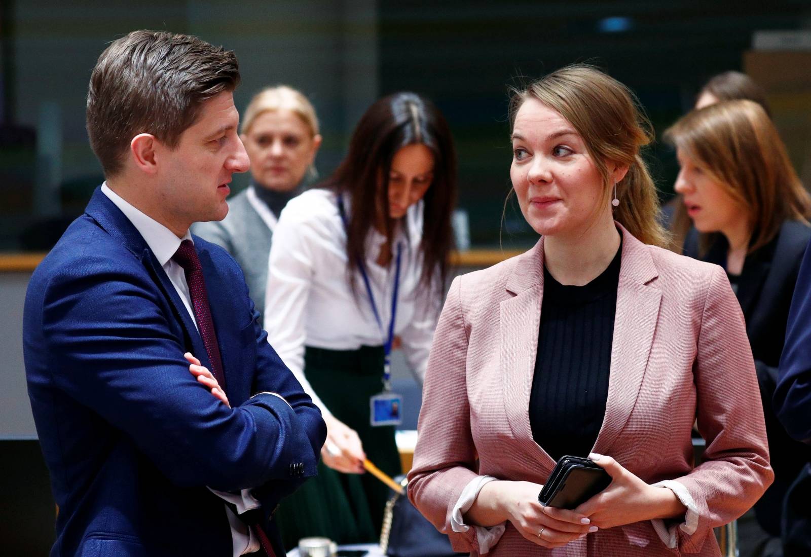 Croatia's Finance Minister Maric and Finnish counterpart Kulmuni attend an EU finance ministers meeting in Brussels