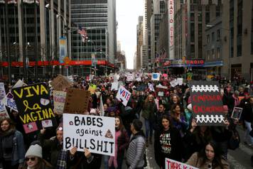 Demonstrators take part in the Women's March in Manhattan in New York City, New York,
