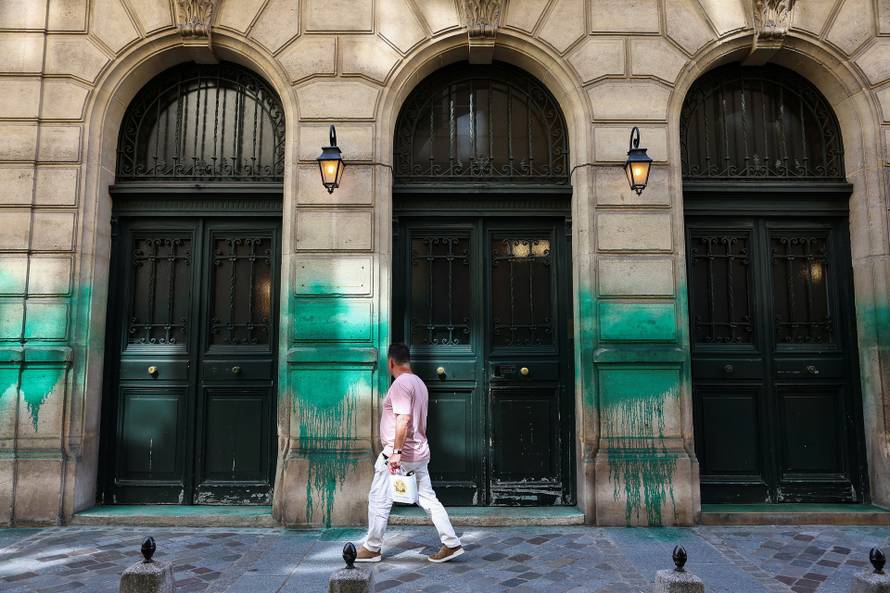 A view of the Grande Synagogue des Tournelles, after it was covered in green paint, in Paris