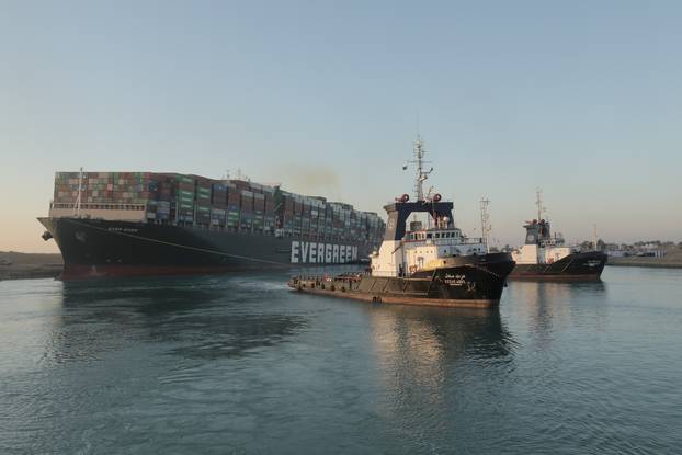 A view shows the container ship Ever Given, one of the world