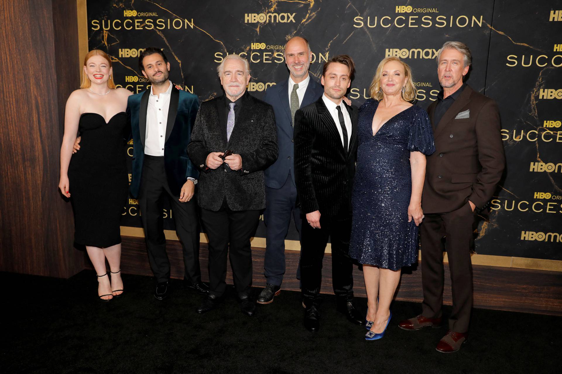 FILE PHOTO: Sarah Snook, Arian Moayed, Brian Cox, Jesse Armstrong, Kieran Culkin, J. Smith-Cameron and Alan Ruck pose while attending the premiere of the third season of "Succession" in Manhattan, New York
