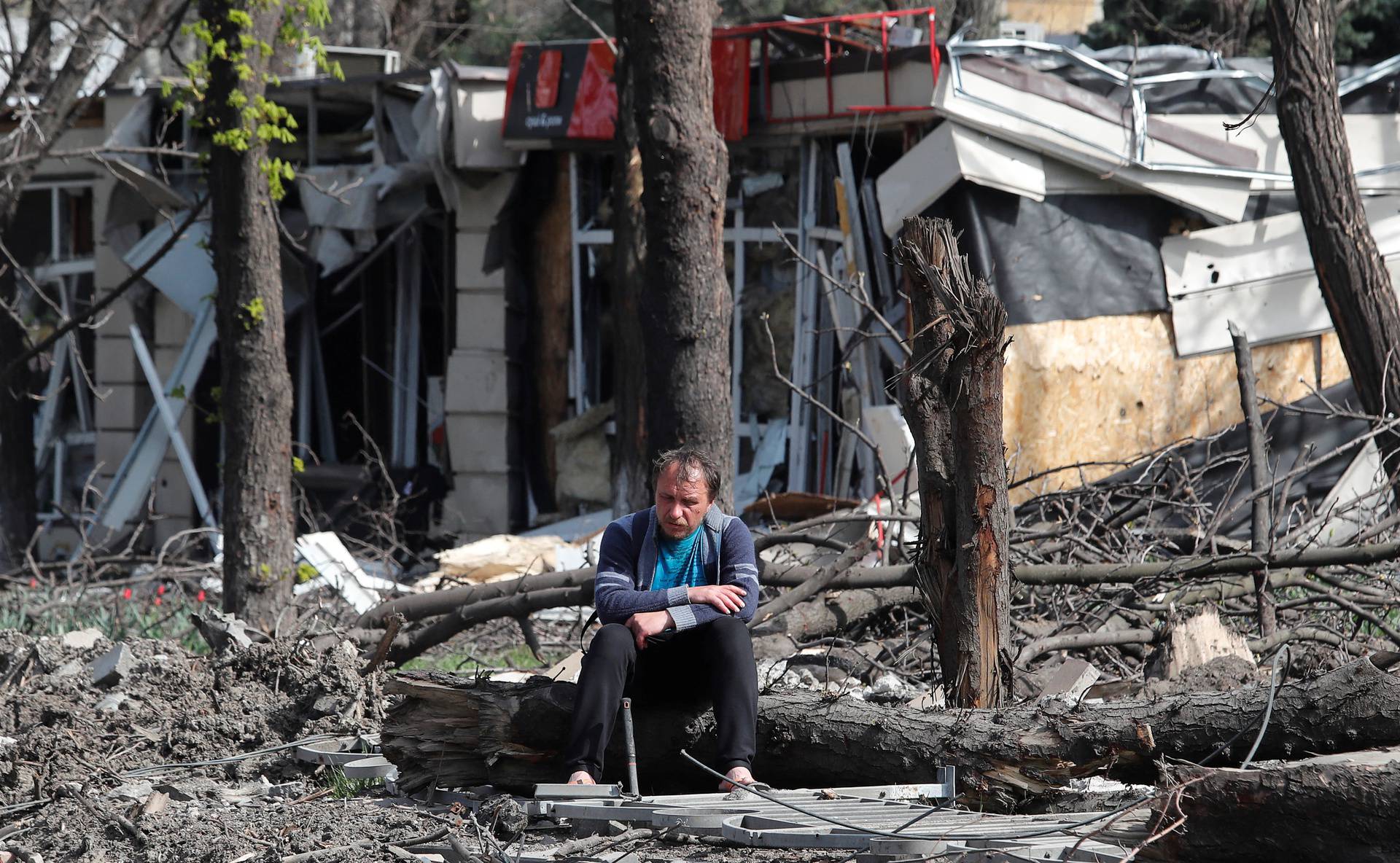 A view shows a damaged building in Mariupol