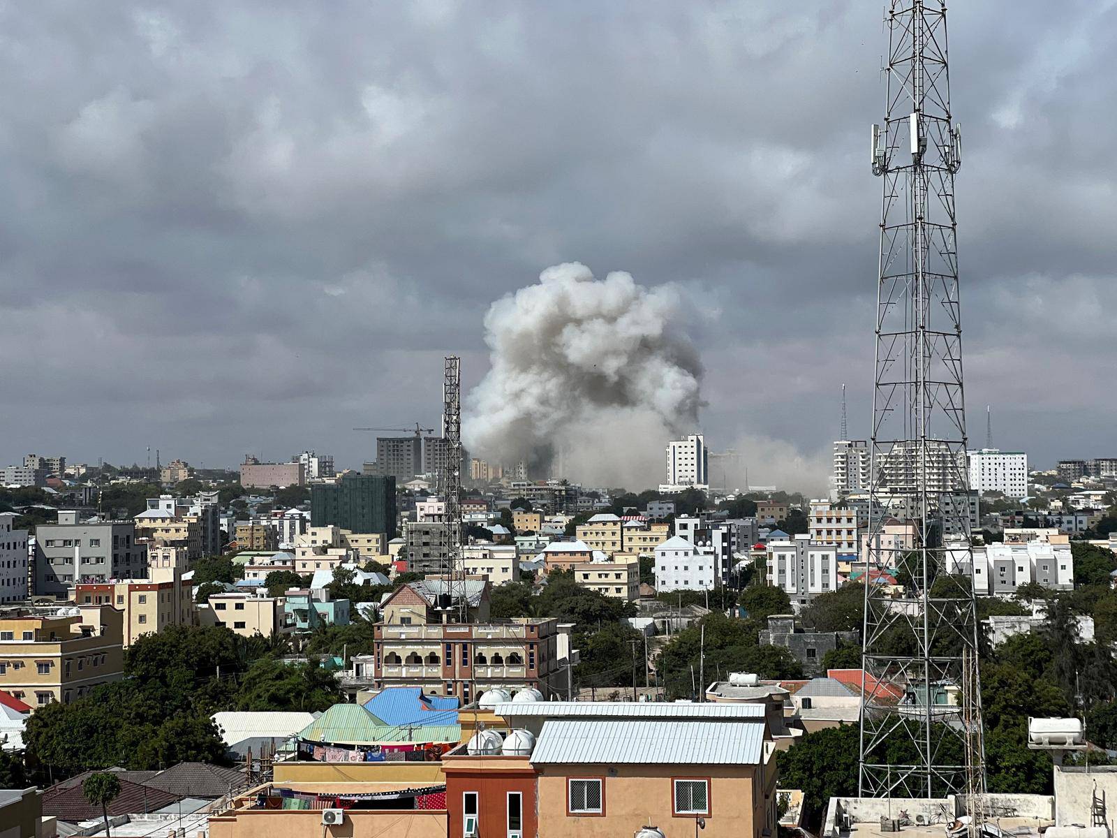 A view shows smoke rising following a car bomb explosion at Somalia's education ministry in Mogadishu