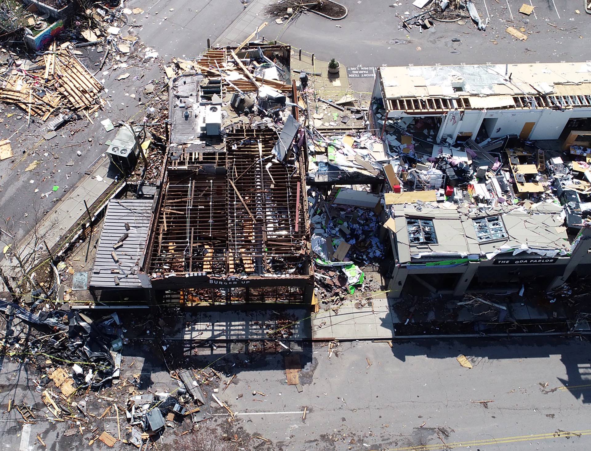 Damage is seen in an aerial picture after a tornado touched down in eastern Nashville