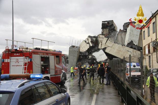 The collapsed Morandi Bridge is seen in the Italian port city of Genoa in this picture released by Italian firefighters