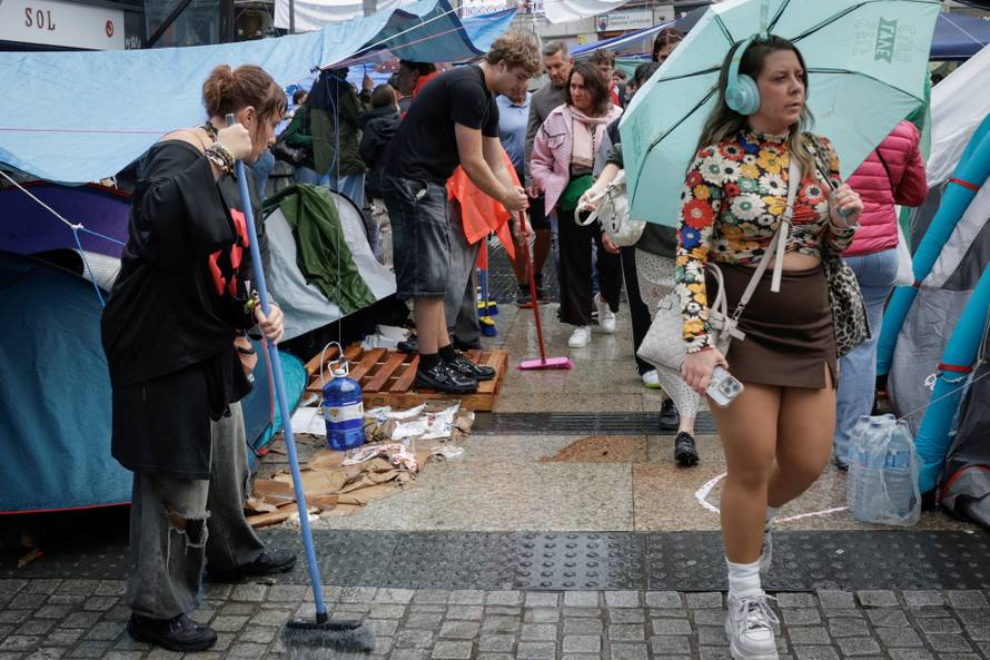 Demonstrators camp in Puerta del Sol square in Madrid