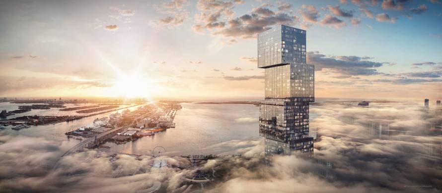 Skyscraper that looks like a pile of stacked boxes home ot five star hotel and $1 million apartments