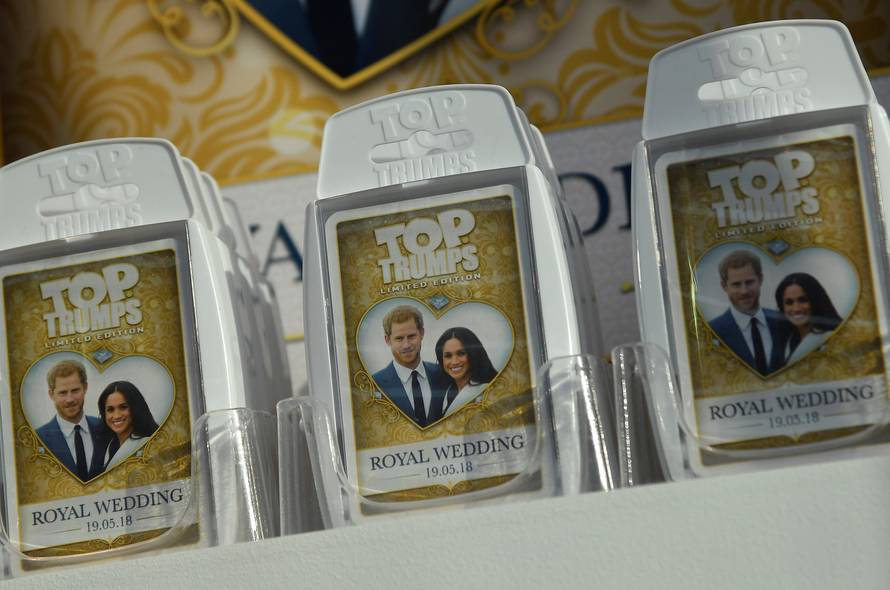 A card game themed on the forthcoming wedding of Britain's Prince Harry and his fiancee Meghan Markle is seen for sale in a shop in Windsor, Britain