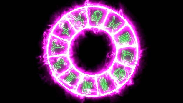 Zodiac twelve sign in the pink flame slot cycle on black screen