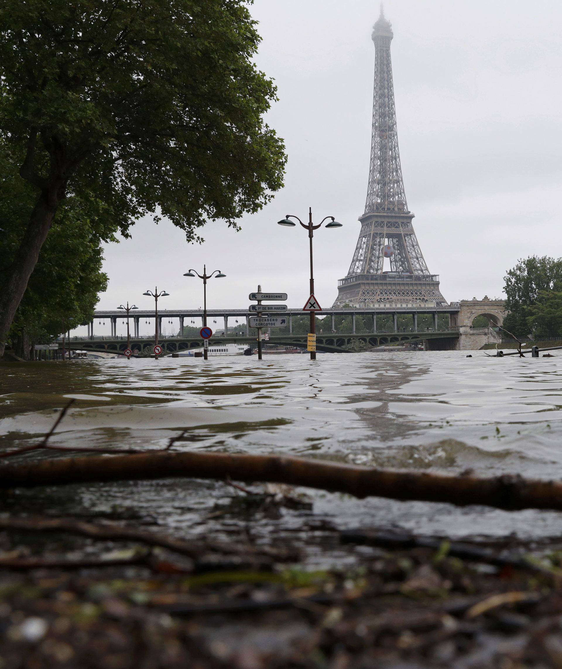 View of the flooded river-side of the River Seine near the Eiffel tower in Paris after days of almost non-stop rain caused flooding in the country