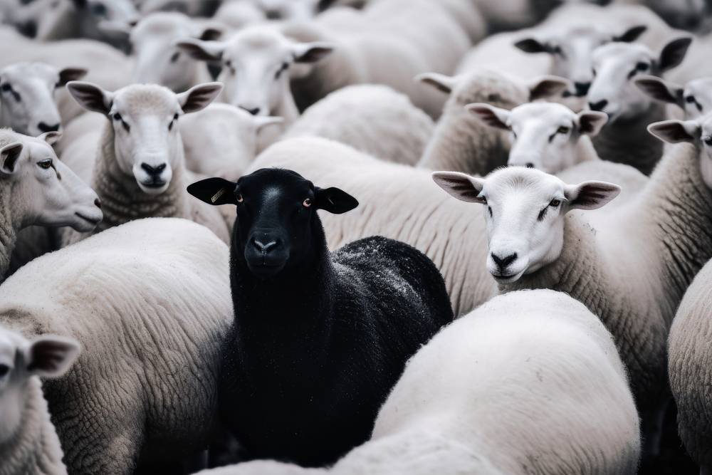 One,Black,Sheep,In,A,Herd,Of,White,Sheep