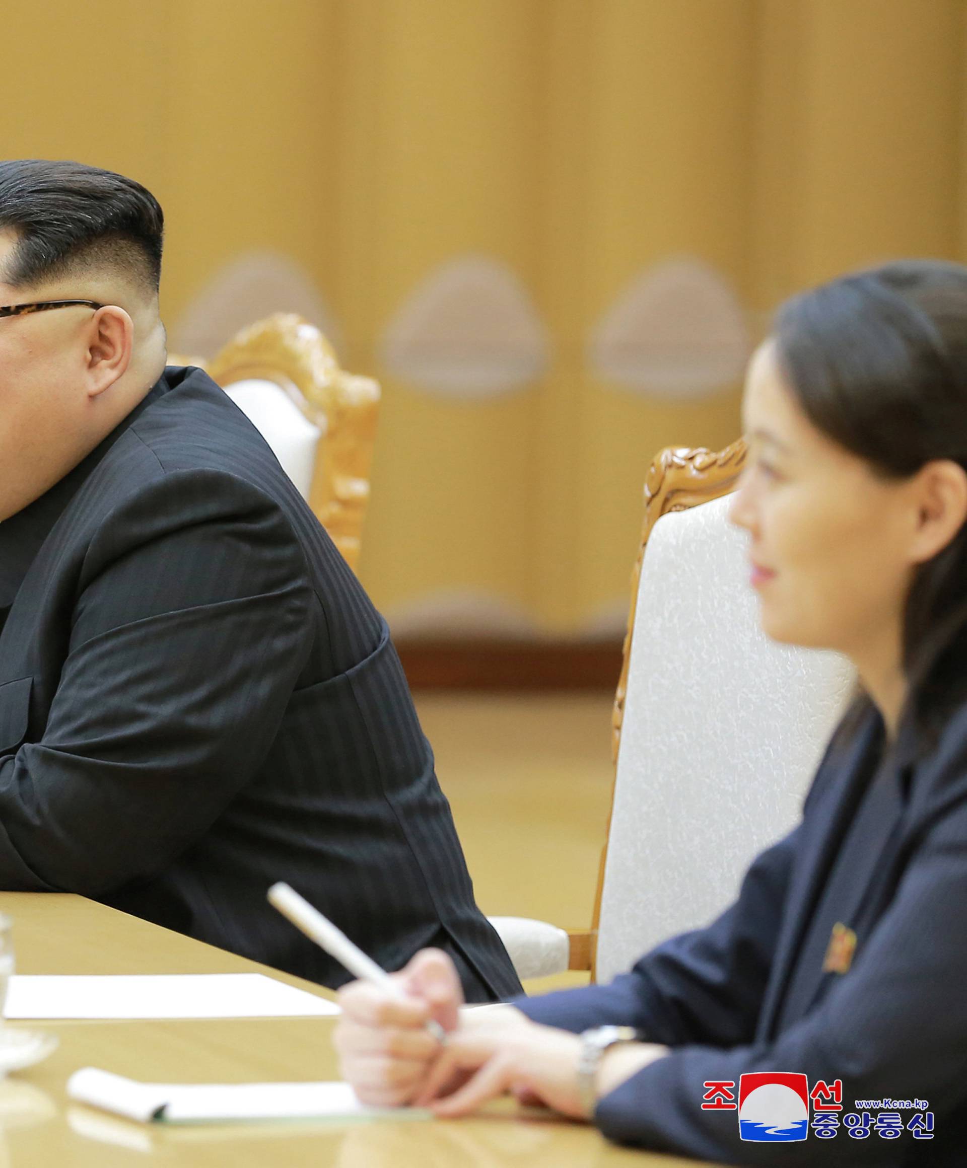 North Korean leader Kim Jong Un meets members of the special delegation of South Korea's President in this photo released by North Korea's Korean Central News Agency