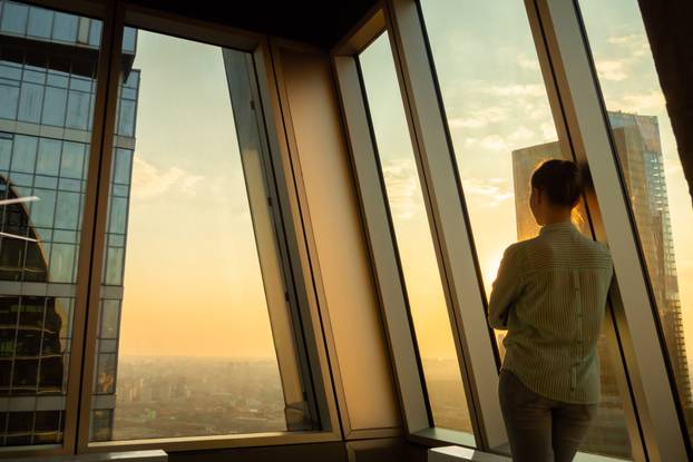 Back view of woman looking at cityscape through window of skyscraper