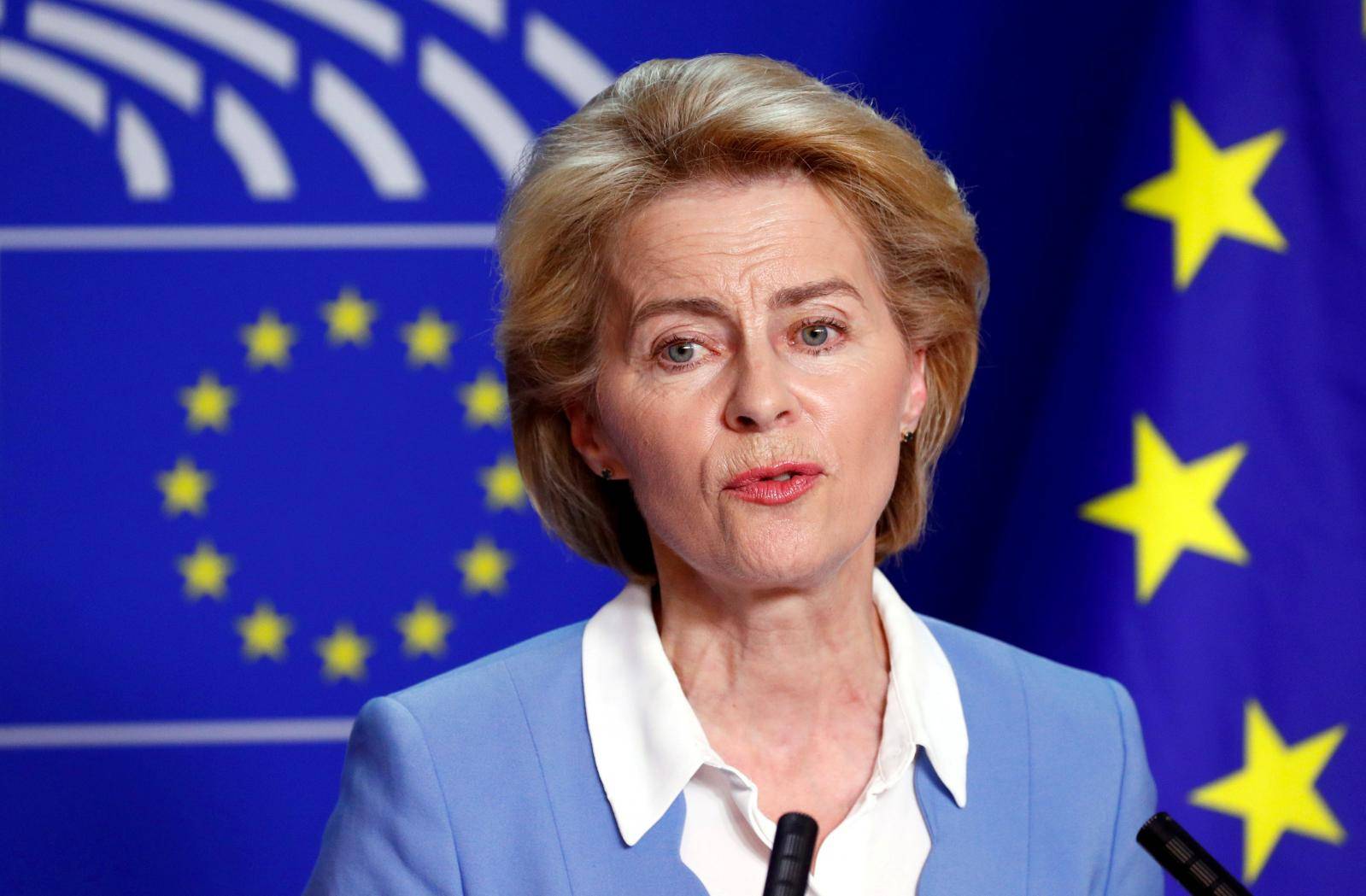 FILE PHOTO: German Defense Minister von der Leyen briefs the media at the EU Parliament in Brussels