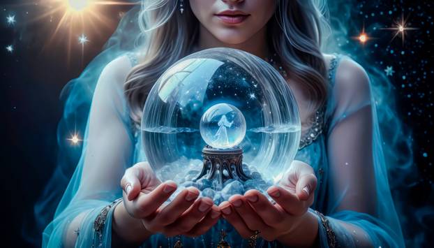 A beautiful mysterious fortune teller with piercing eyes predicts fate on a magic ball